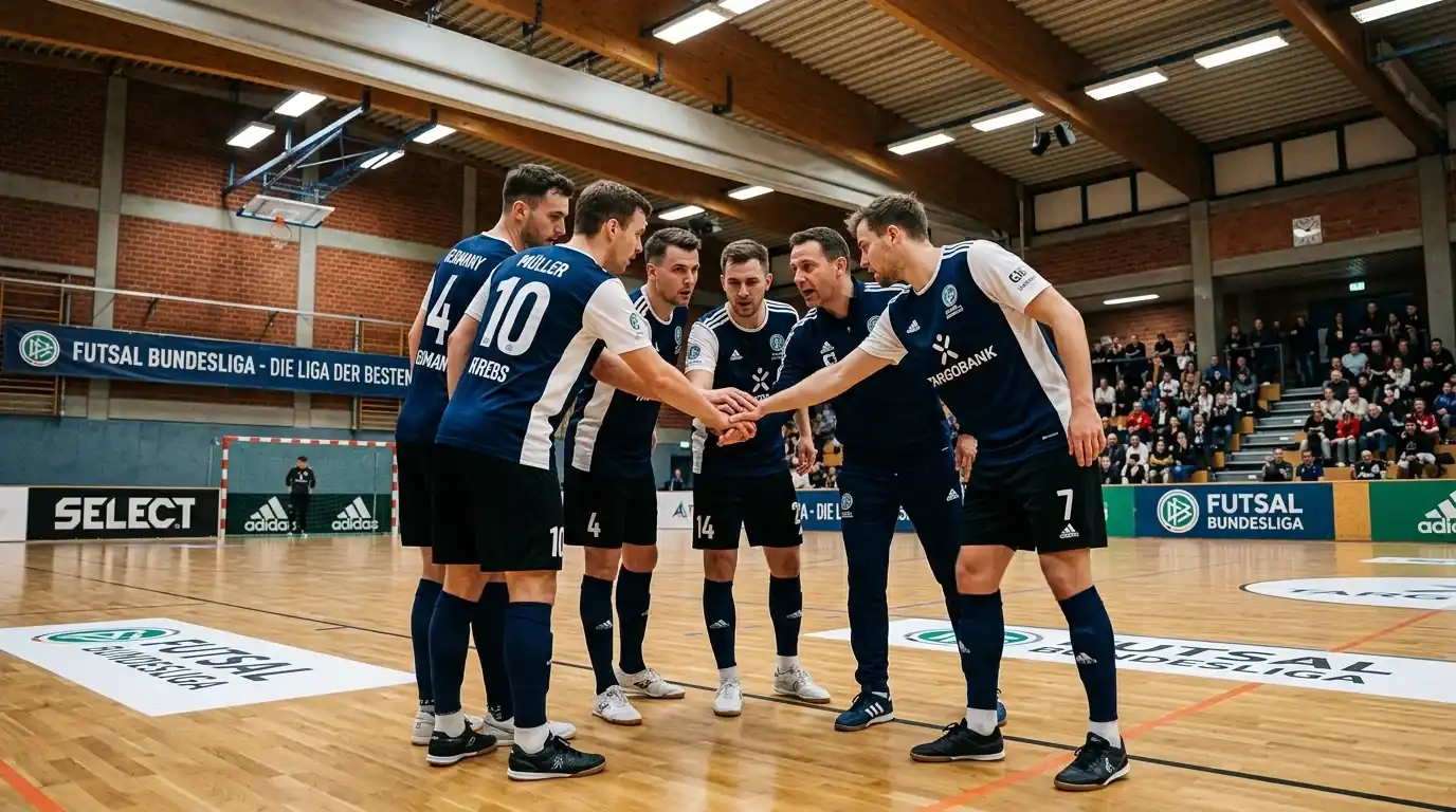 Futsal-Bundesliga-Team beim Huddle vor Spielbeginn in einer deutschen Sporthalle