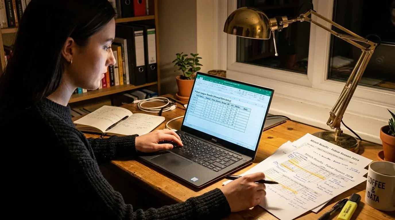 Manuelle Datenerfassung für Futsal-Bundesliga-Statistiken mit Tabelle und Laptop