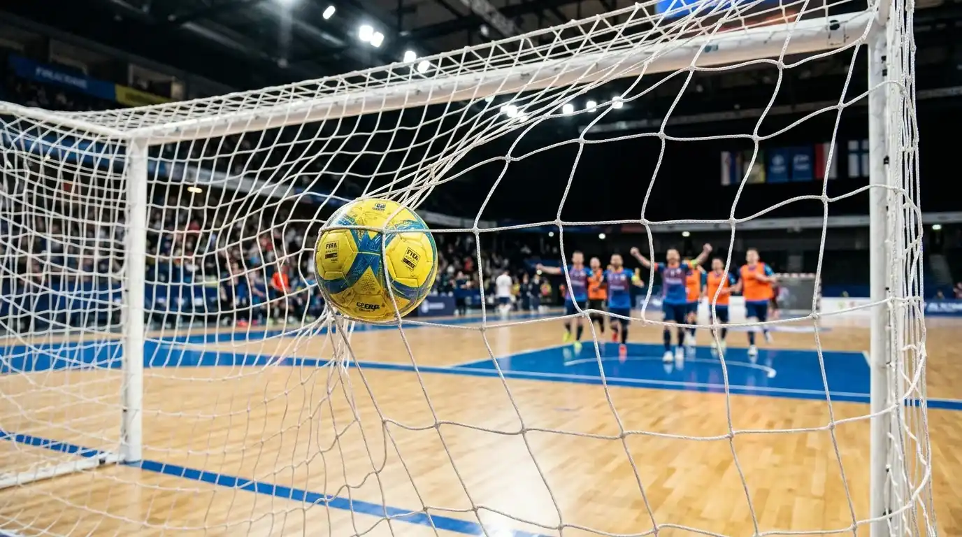 Nahaufnahme eines Futsal-Tors mit Ball im Netz nach einem Treffer