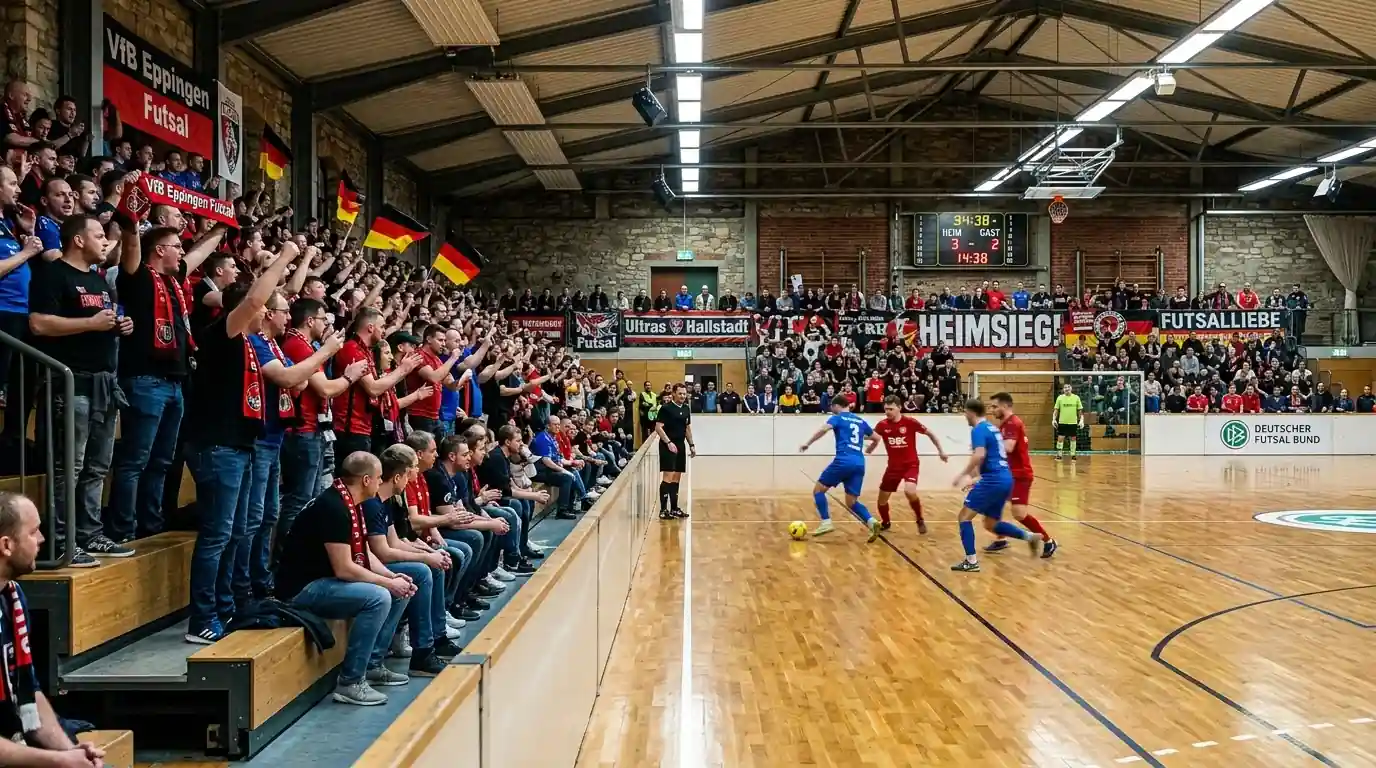 Futsal-Halle mit Zuschauern nah am Spielfeld und intensiver Hallenatmosphäre