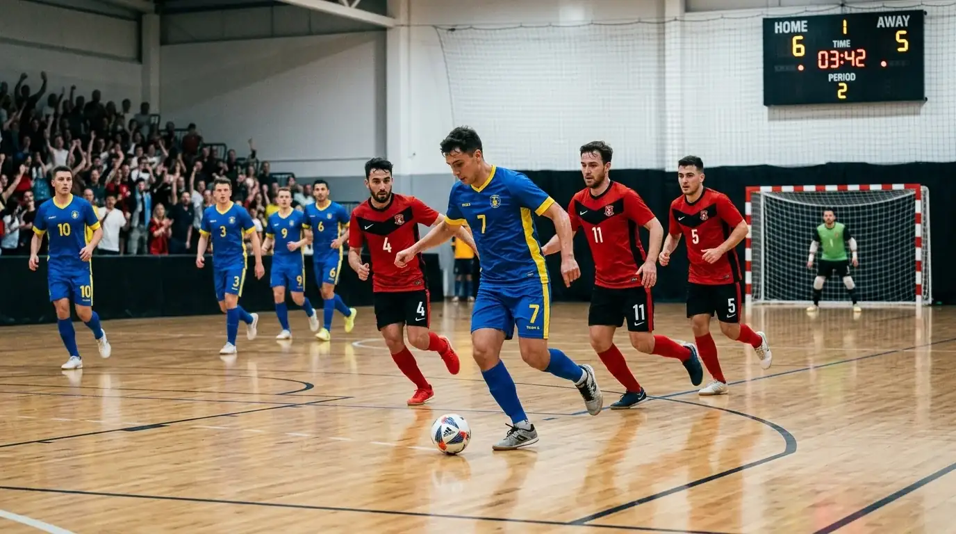 Futsal-Spiel in einer beleuchteten Sporthalle mit Spielern in Aktion auf dem Hallenboden