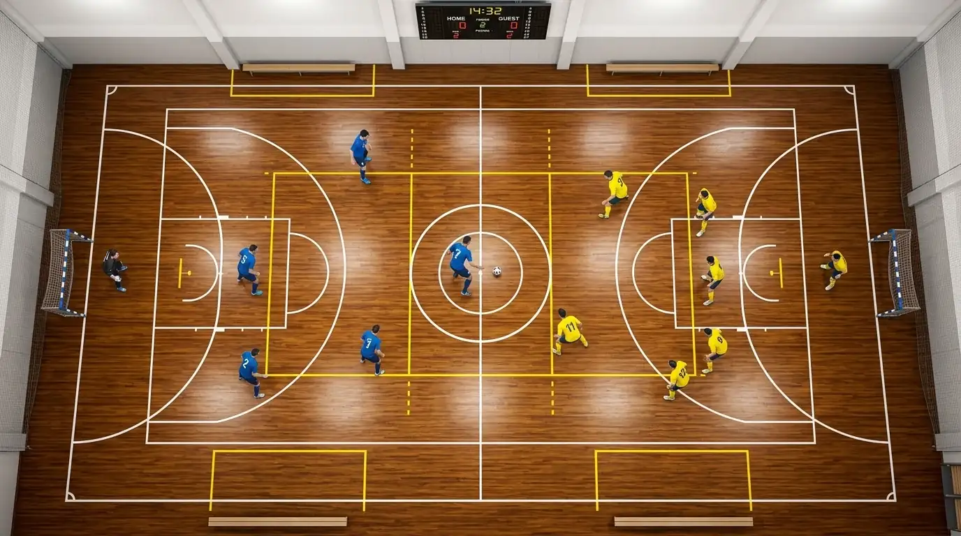 Futsal-Hallenfeld mit fünf Spielern pro Team und sichtbarer Spielfeldbegrenzung