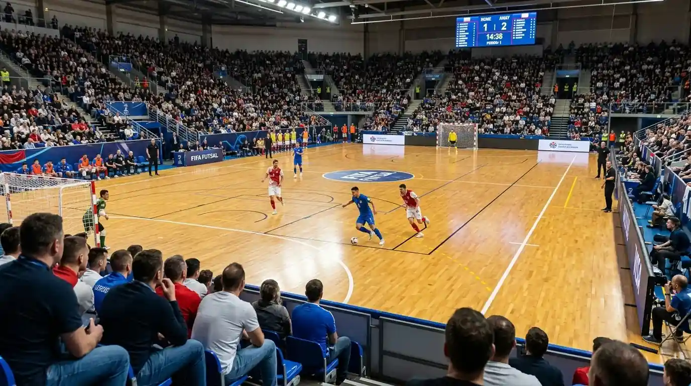 Zuschauer verfolgen ein Futsal-Spiel live in einer voll besetzten Halle