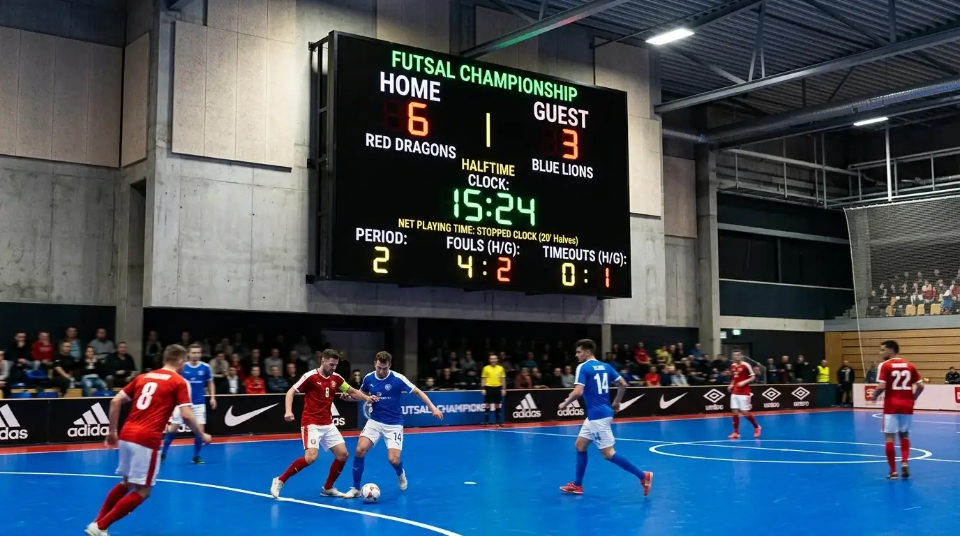 Anzeigetafel in einer Futsal-Halle mit Spielstand und Netto-Spielzeit