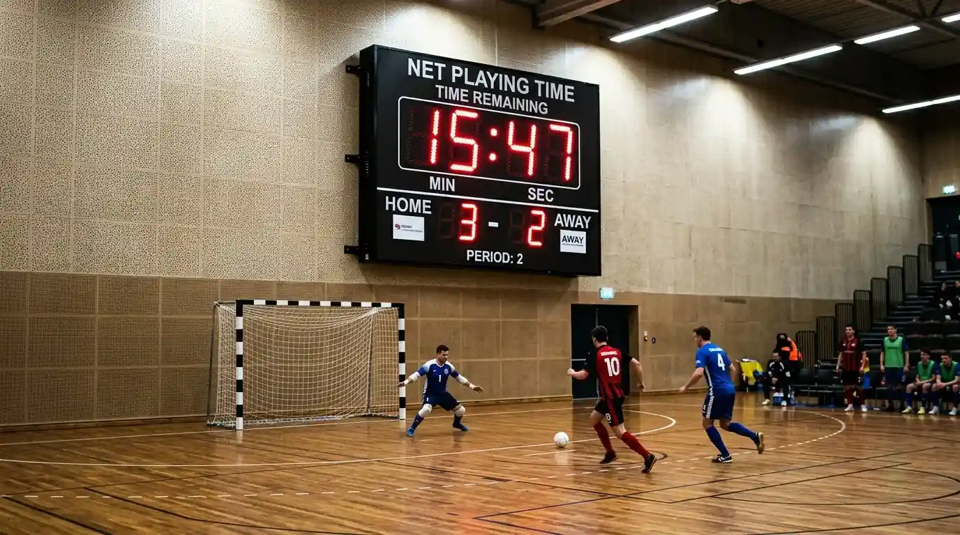 Futsal-Anzeigetafel mit Netto-Spielzeit und exakter Restzeit für Live-Analyse