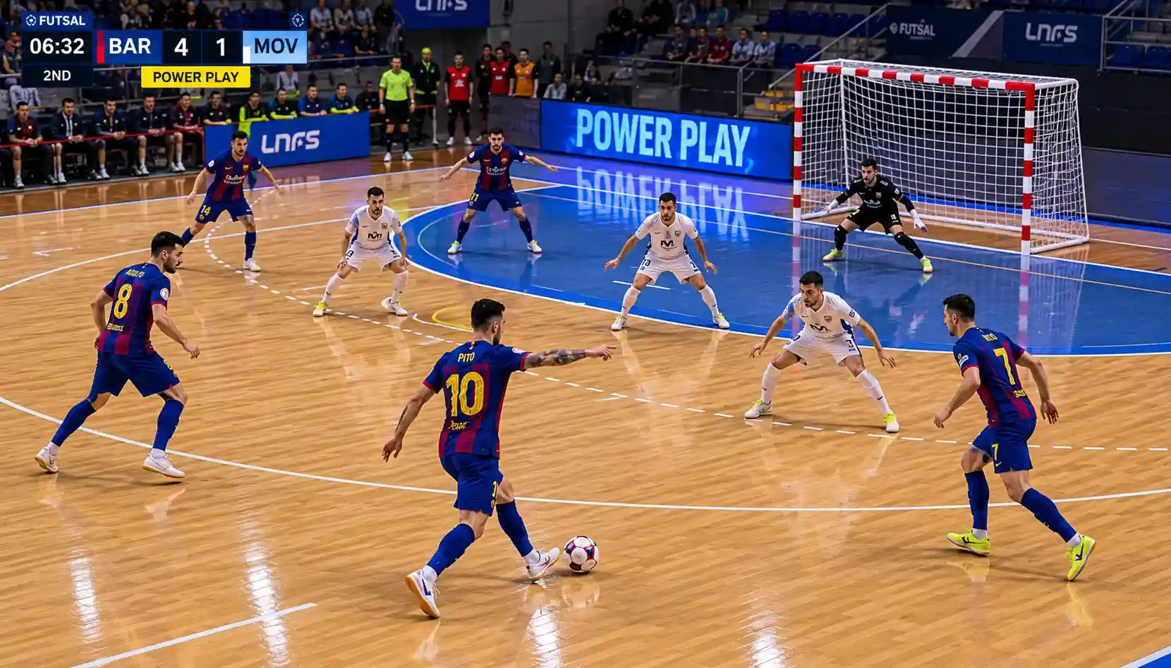 Futsal-Power-Play-Situation mit fünf Feldspielern und leerem Tor