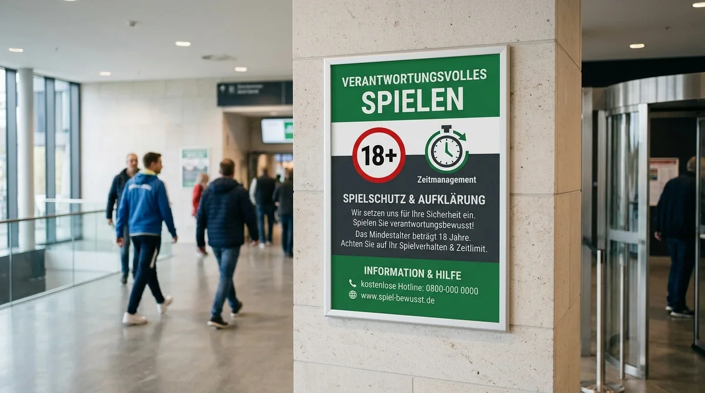 Hinweisschild zu verantwortungsvollem Spielen mit Informationen zu Spielerschutz und Hilfsangeboten